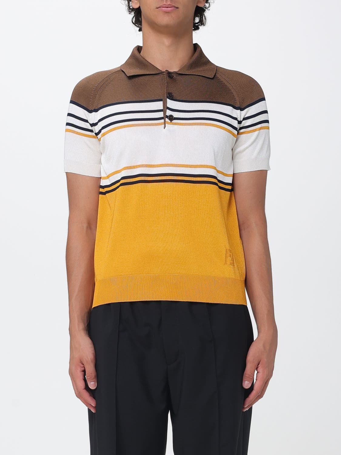Fendi Striped Cotton Knit Polo Shirt with Contrast Tipping