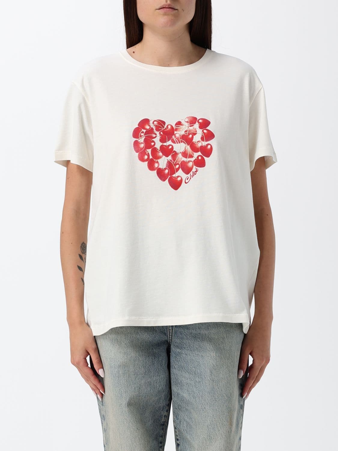 Chloé Cotton T-shirt with Heart Print and Dropped Shoulders