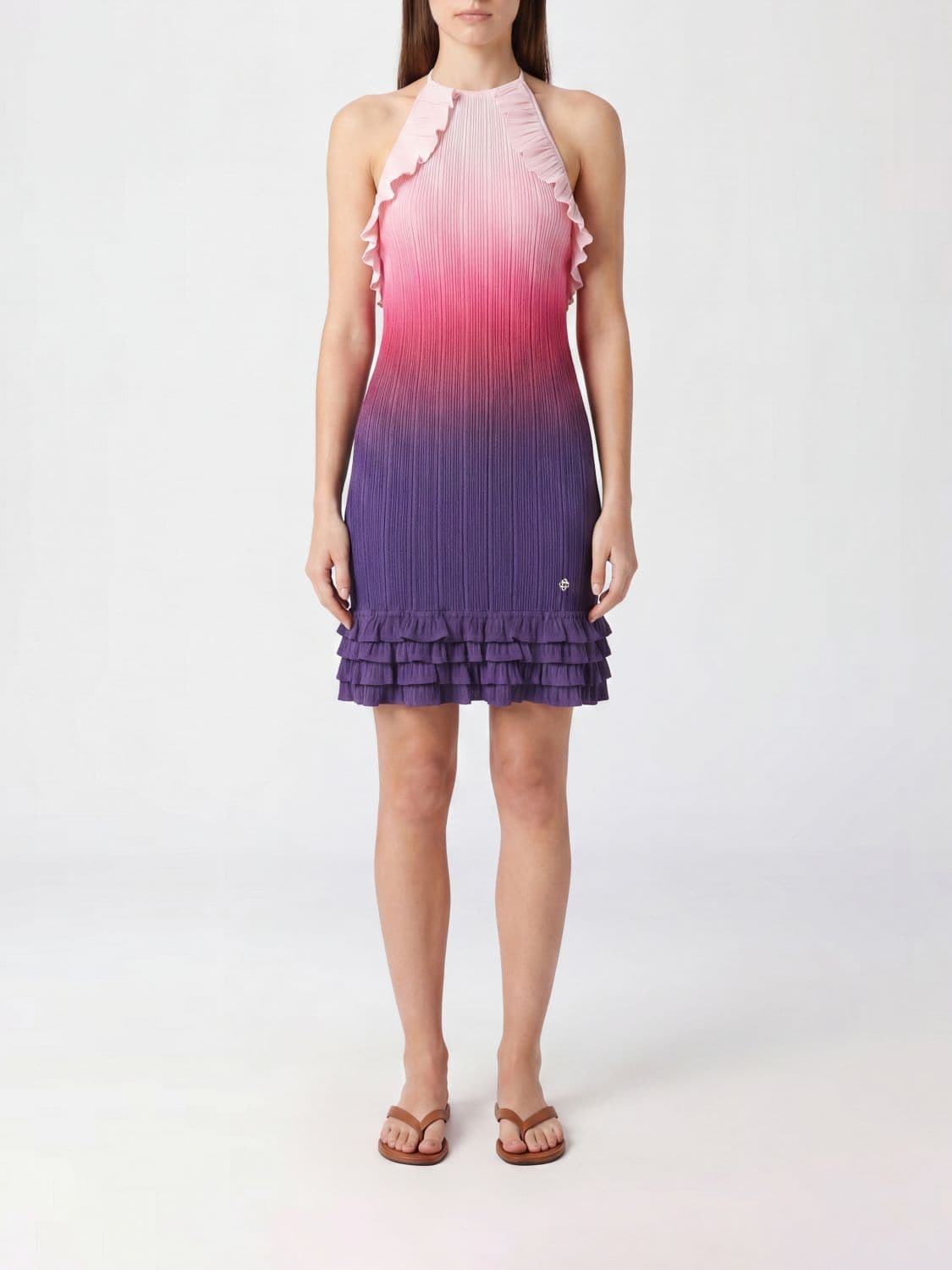 Casablanca Ribbed Jersey Mini Sheath Dress with Halter Neck and Ruffles