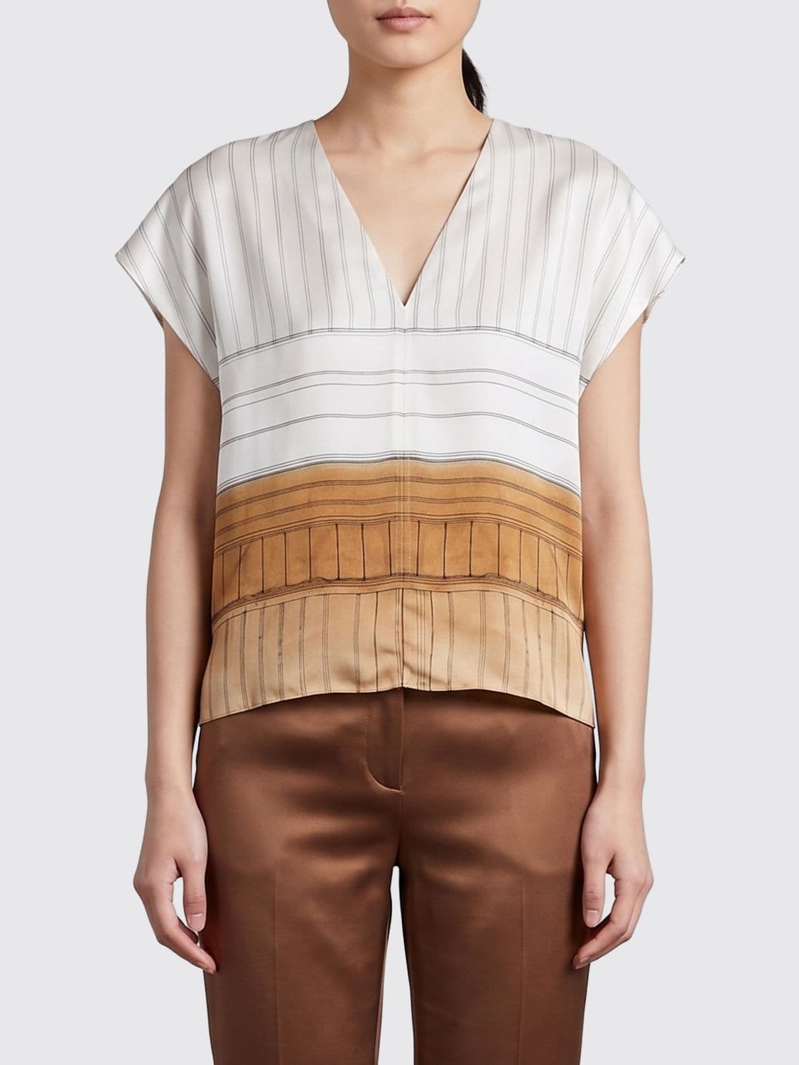 Alysi Striped Silk Blouse with V-Neck and Short Sleeves · 46
