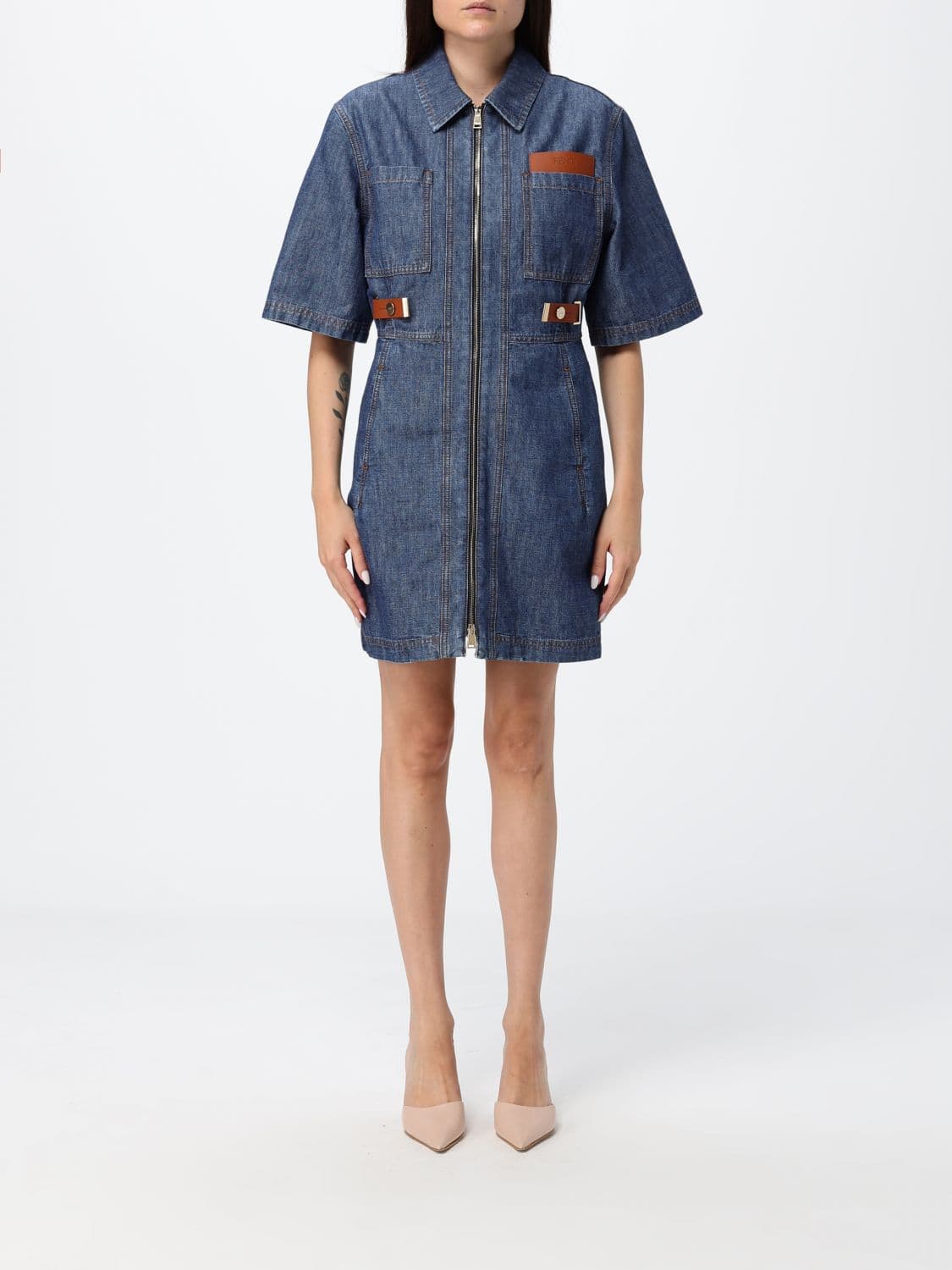 Fendi Slim Fit Cotton Denim Mini Shirtdress with Zip