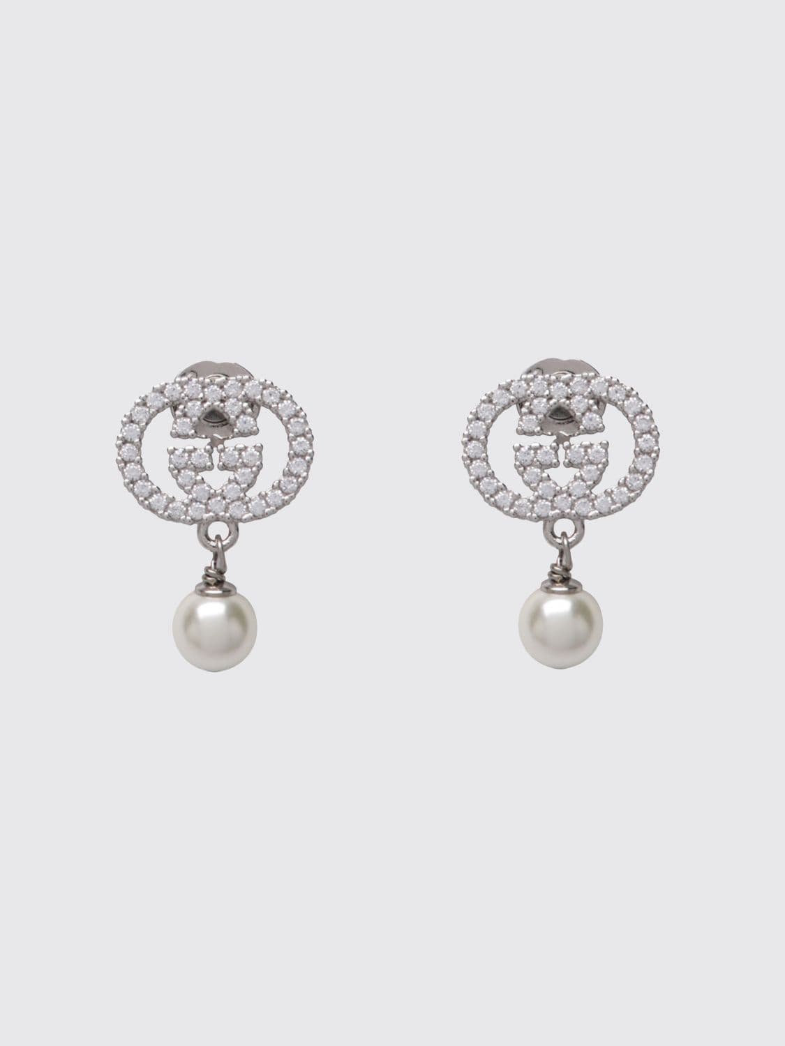 Gucci Pendant Earrings in Brass with Synthetic Pearls and Rhinestone GG Logo