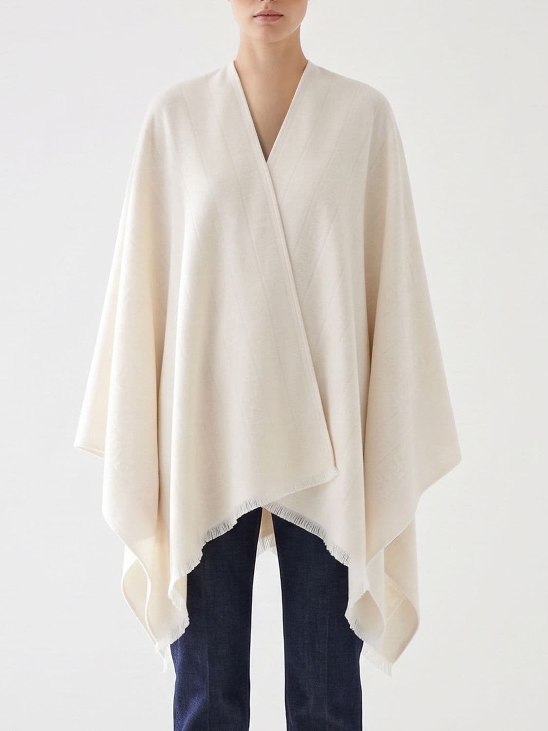 Fendi Cape in Virgin Wool and Silk Blend with Fringed Asymmetrical Hem · OS