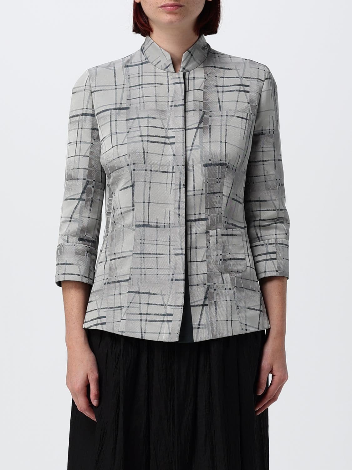 Emporio Armani Slim Fit Check Polyester Shirt with Mandarin Collar