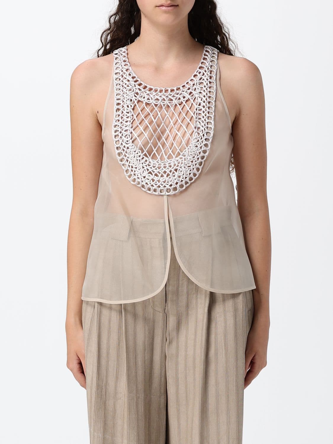 Emporio Armani Tulle Evening Top with Macramé Inserts and Off-The-Shoulder Design