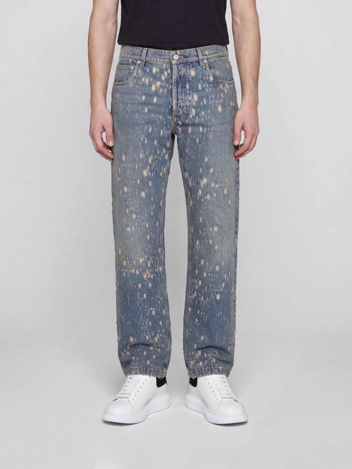 Mcqueen Mid-Rise Straight Jeans in Cotton Denim with Distressed Effect