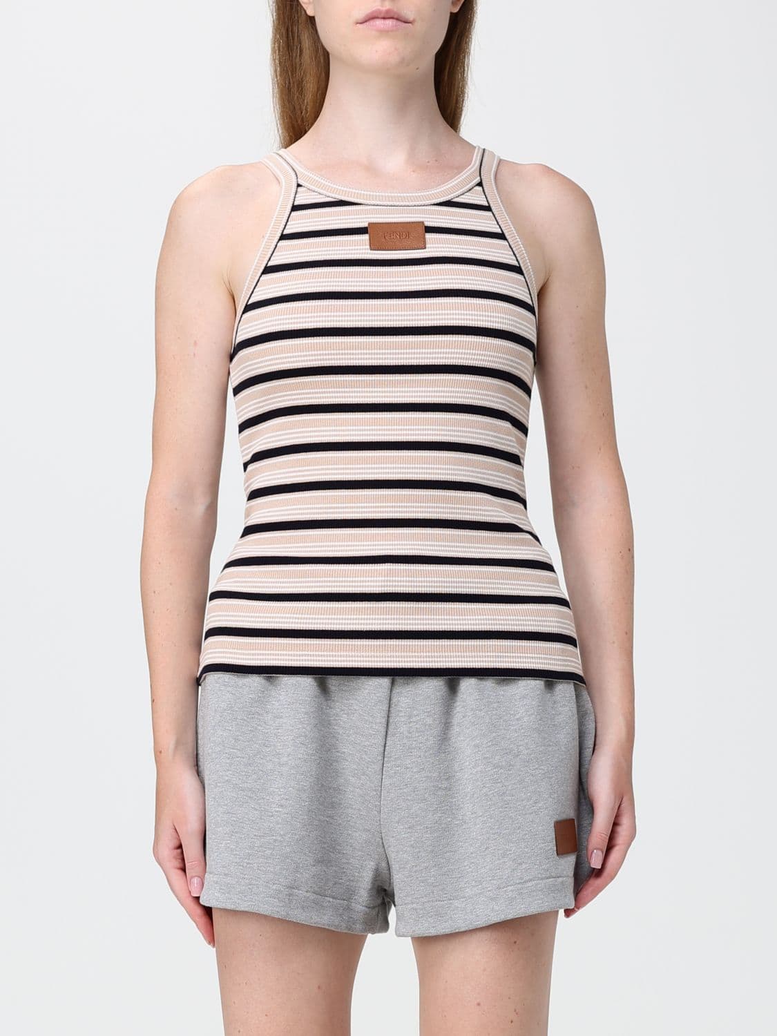 Fendi Slim-Fit Striped Cotton Top with Thin Straps and Logo