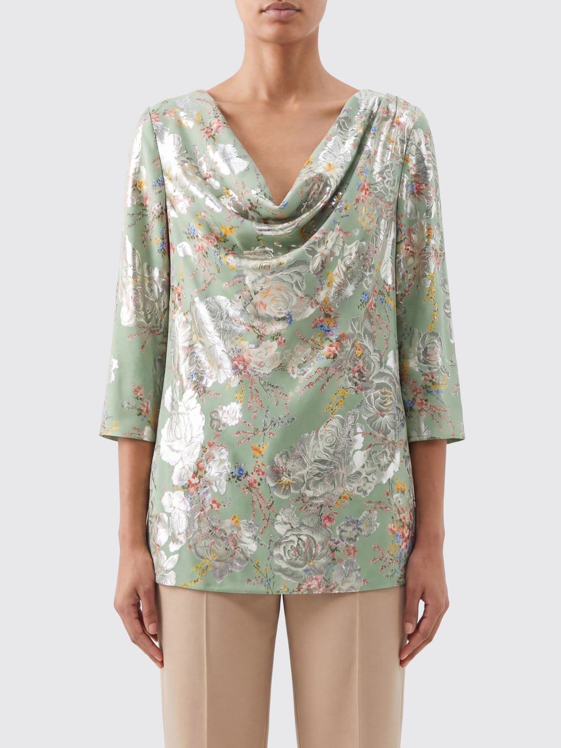Valentino Garavani Floral-Print Silk Blouse with Draped Neckline