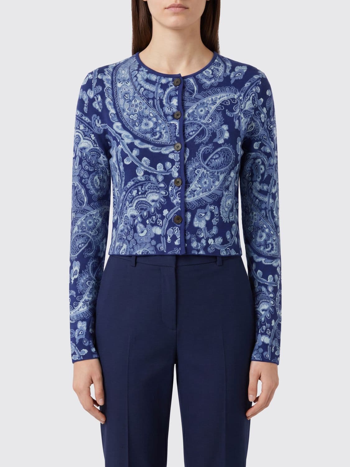 Etro Paisley Print Slim Fit Cardigan in Viscose with Crew Neck