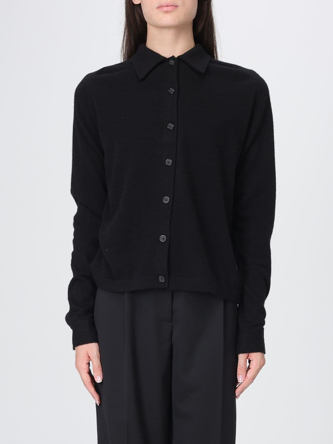 Toteme Long-Sleeved Polo Collar Cardigan in Pure Black Cashmere · S