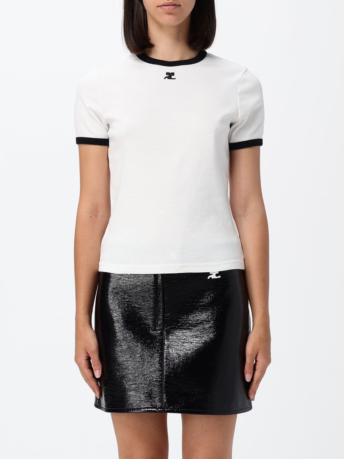Courrèges Slim Fit Cotton Top with Logo and Contrast Piping