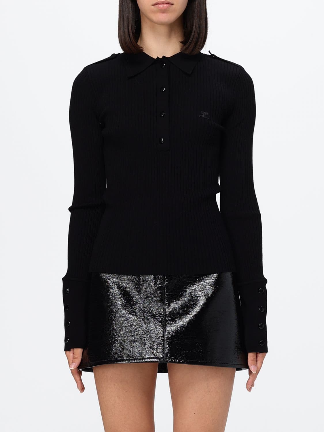 Courrèges Long-Sleeved Viscose Knit Polo Shirt with Ribbed Collar