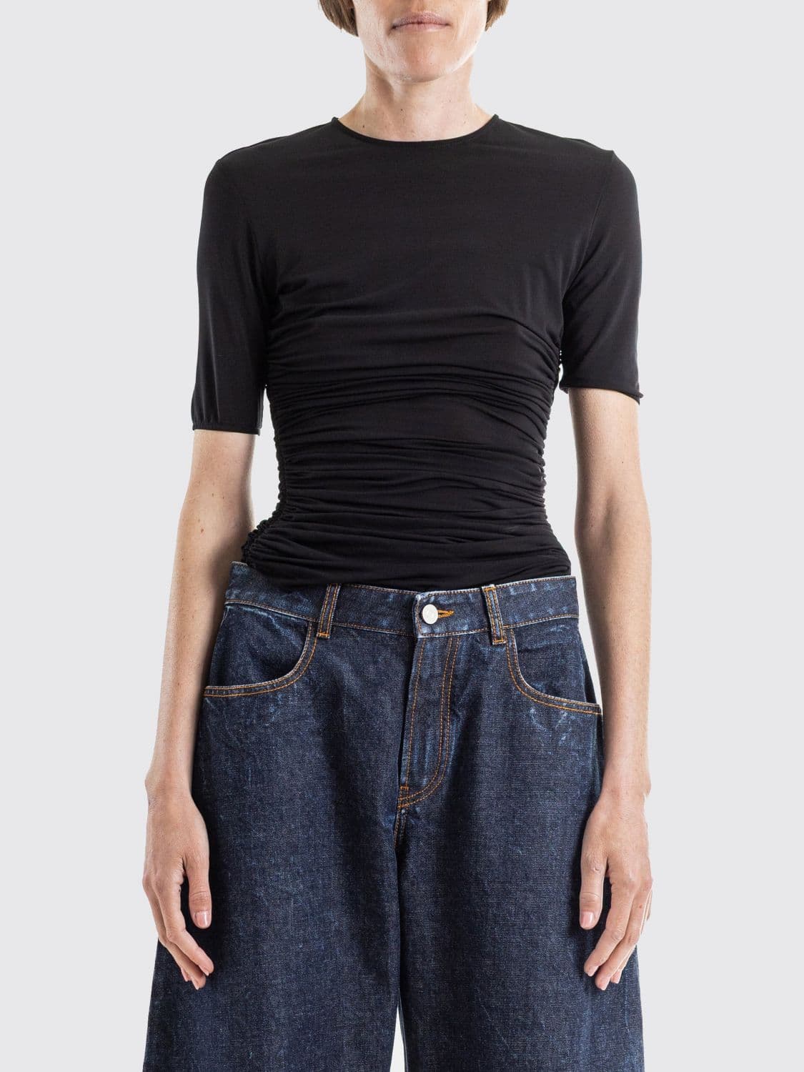 Alaïa Slim Fit Ruched T-shirt in Stretch Jersey with Crew Neck