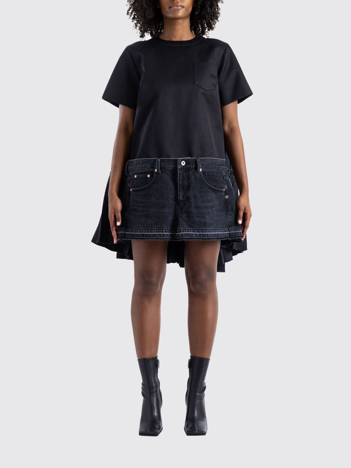 Sacai Flared Mini Dress in Denim and Silk with Asymmetrical Pleated Skirt