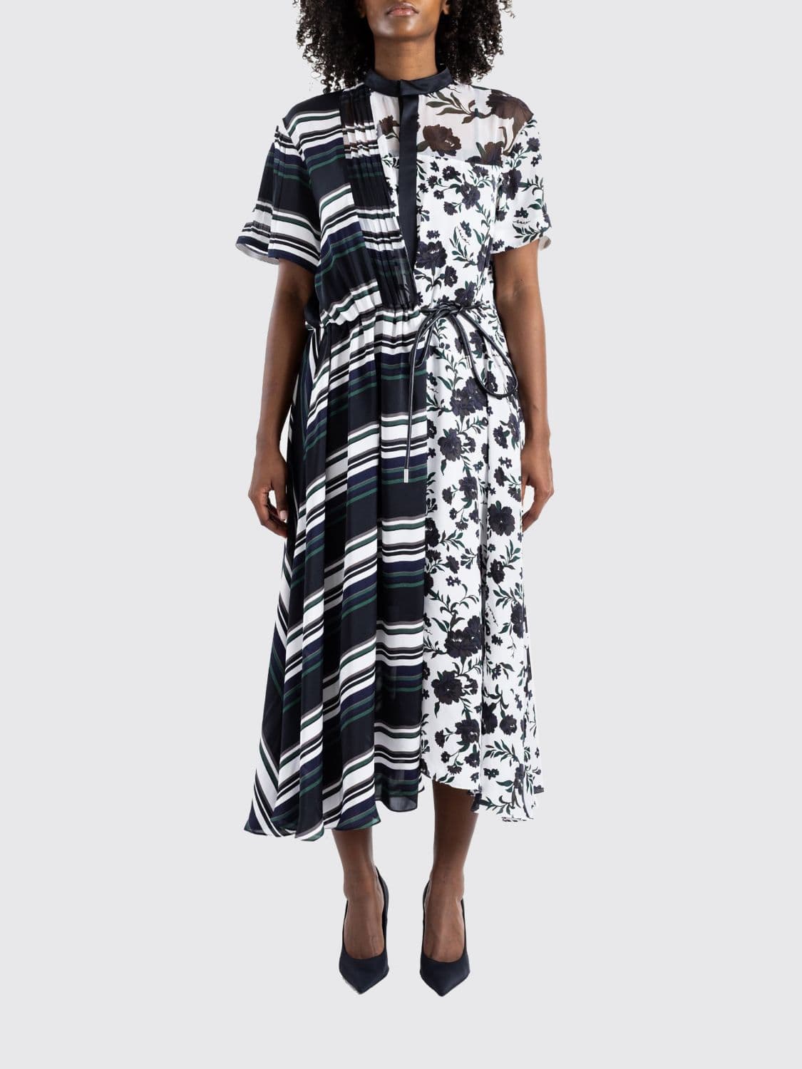 Sacai Midi Chemisier Dress in Patchwork Crêpe with a Korean Collar