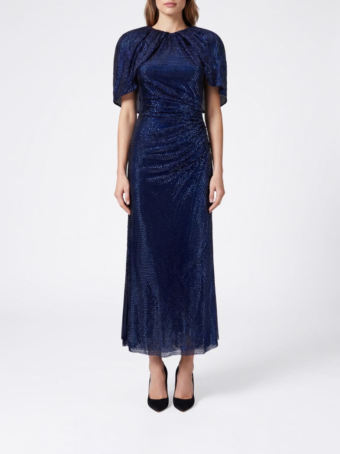Self-Portrait Draped Beaded Short-Sleeve Midi Ceremony Dress · 10