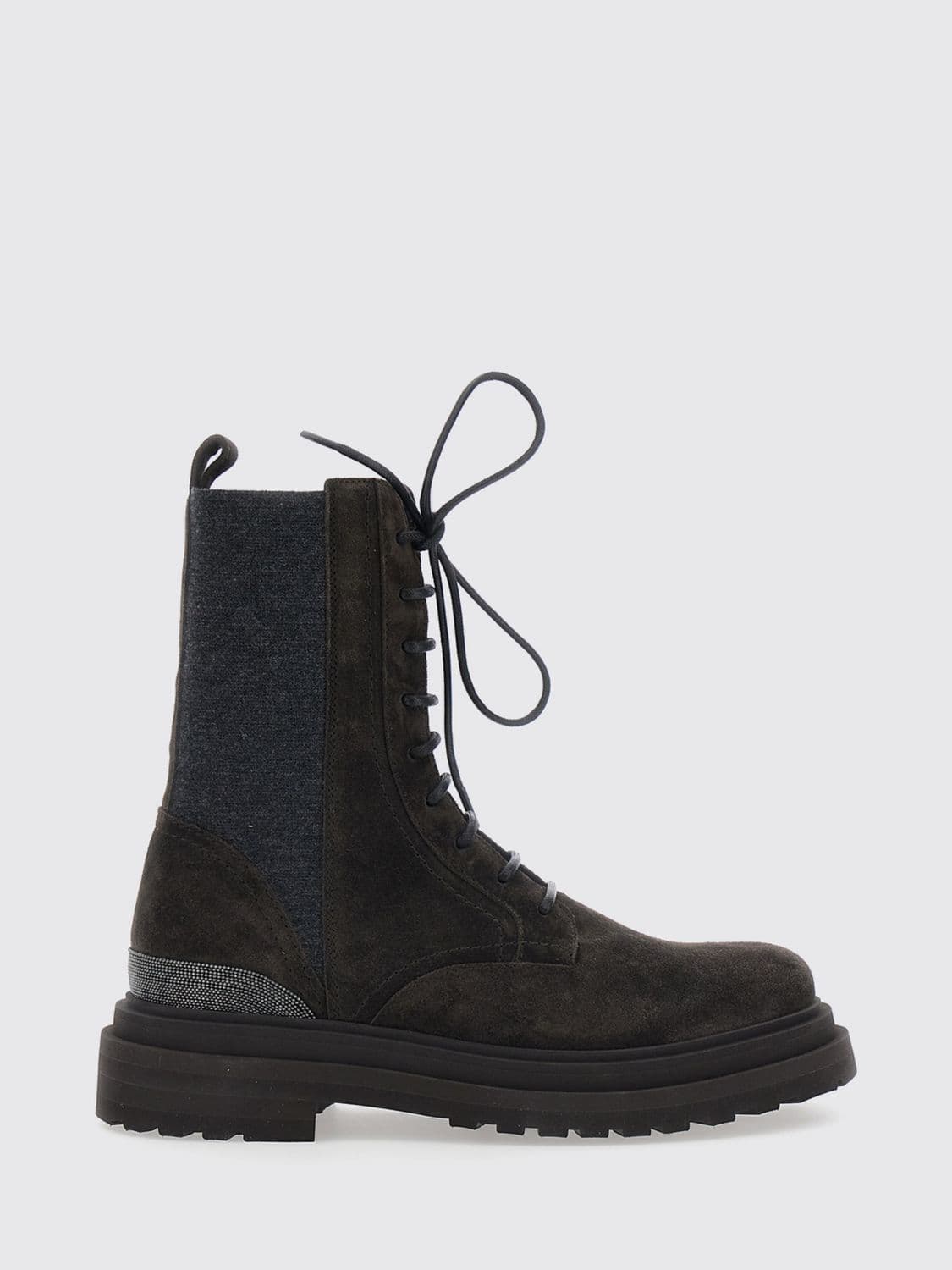 Brunello Cucinelli Suede Combat Boots with Monili and Side Zip