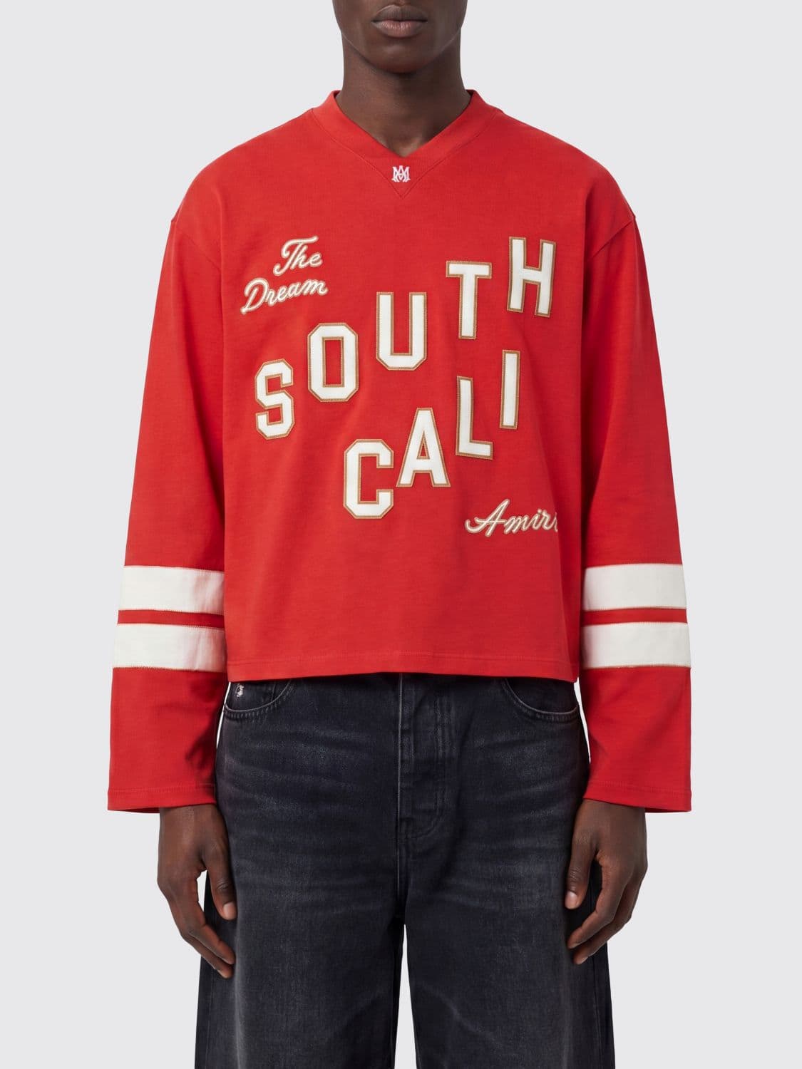 Amiri Long-Sleeved V-Neck Cotton T-Shirt with Slogan Print