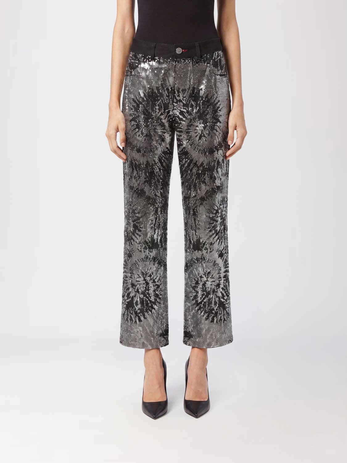 Philipp Plein Wide Leg Cropped Stretch Denim Jeans with Crystals