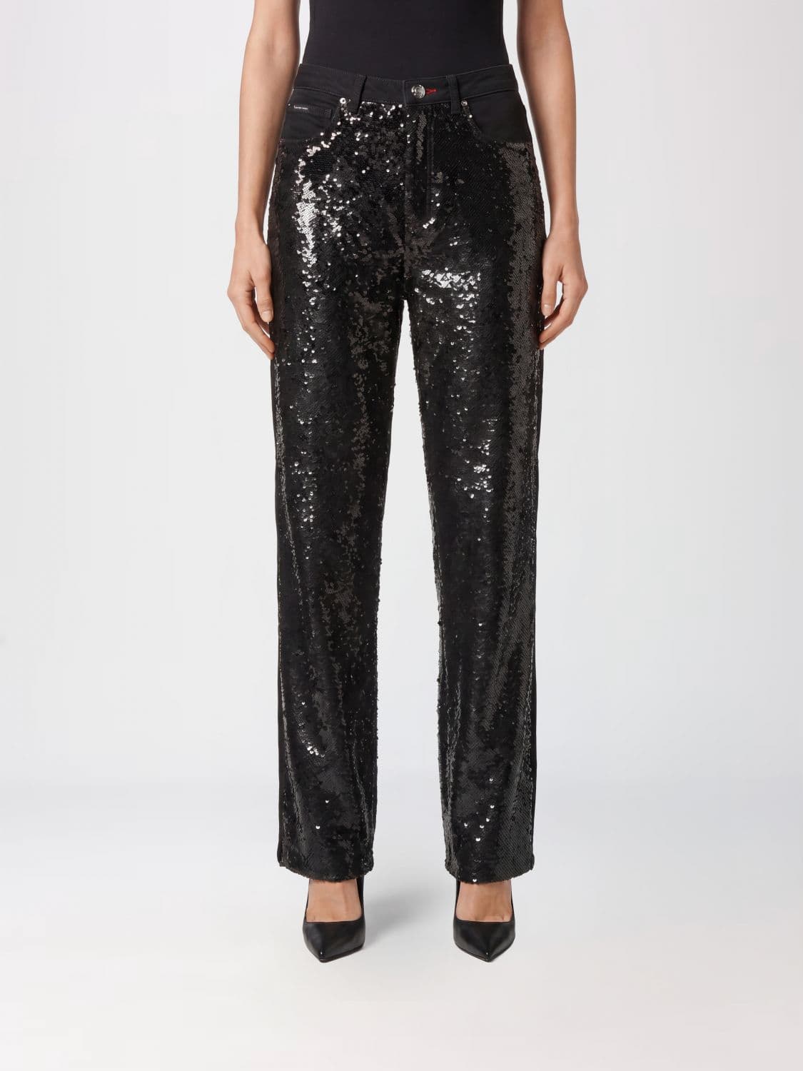 Philipp Plein Mid-Rise Straight Leg Trousers in Denim with Sequin Embroidery