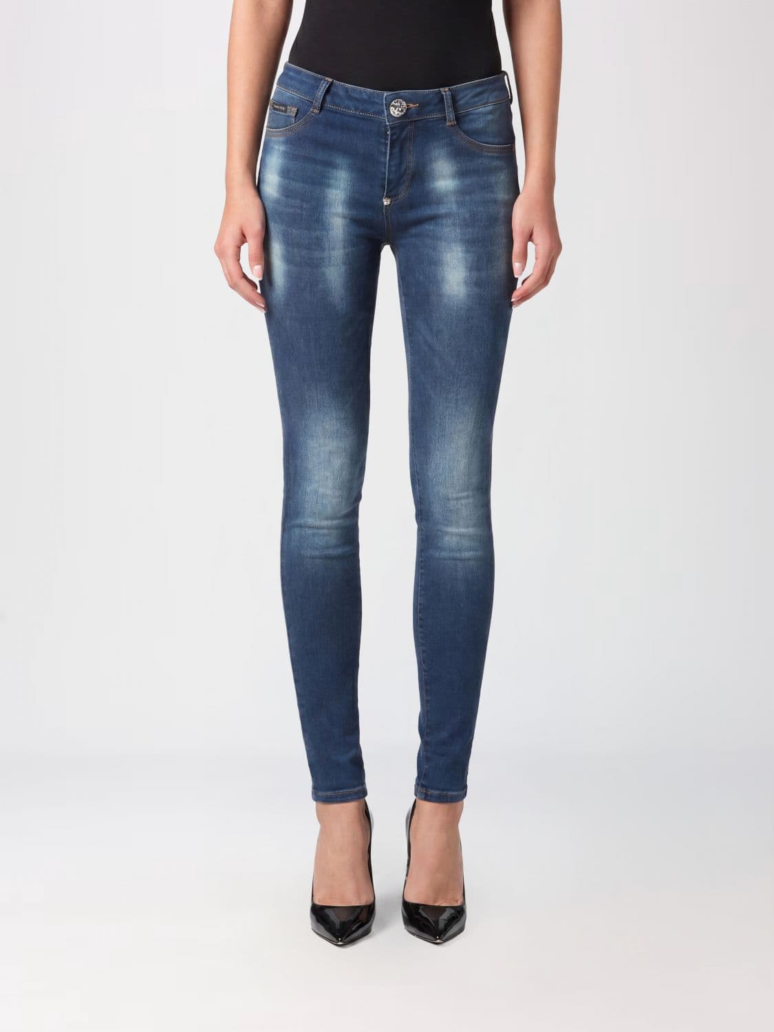 Philipp Plein Cropped Skinny Stretch Denim Jeans with Hexagon Logo