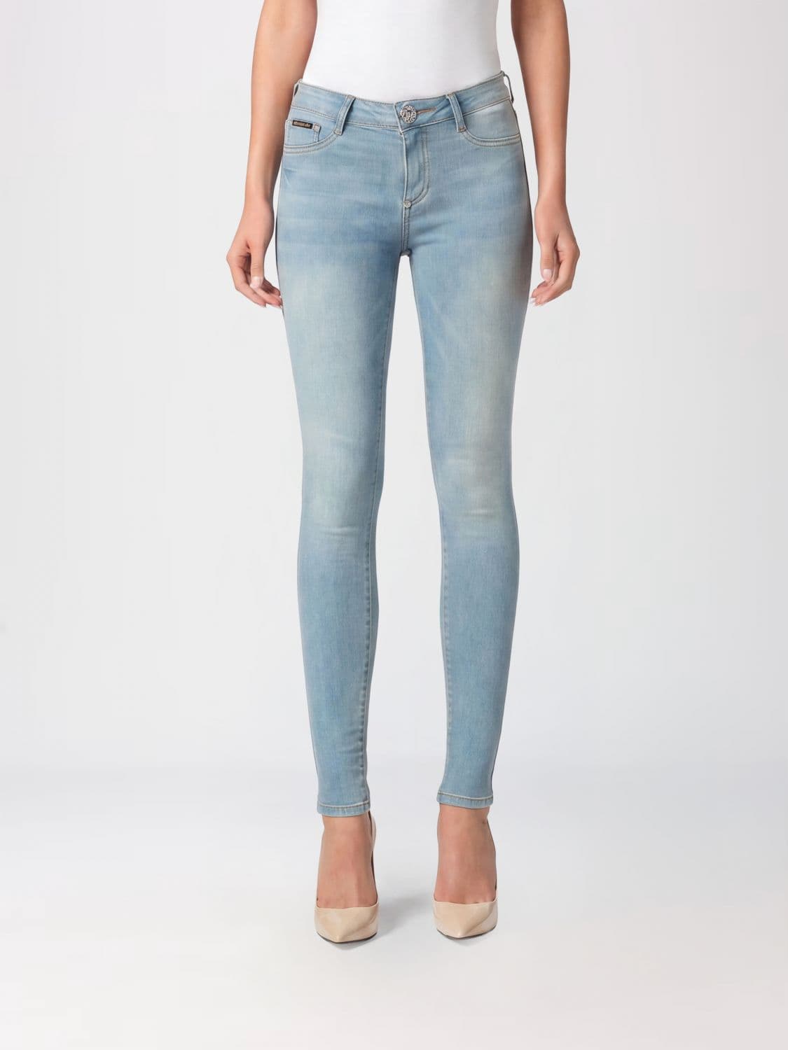 Philipp Plein Cropped Skinny Stretch Denim Jeans with Hexagon Logo