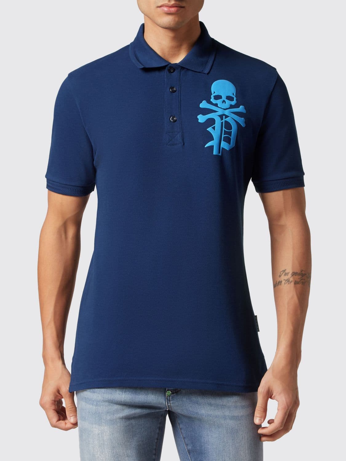 Philipp Plein Short-Sleeve Cotton Polo Shirt with Skull Print and Logo