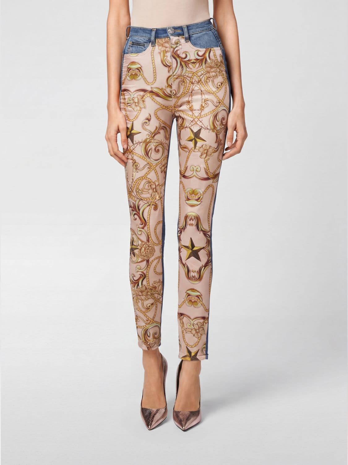Philipp Plein High-Waisted Cropped Skinny Jeans in Baroque Print Denim