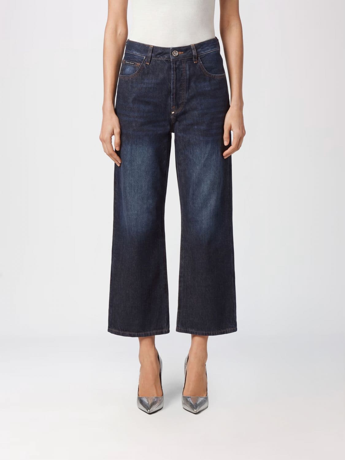 Philipp Plein High-Waisted Wide Leg Cropped Stretch Denim Jeans