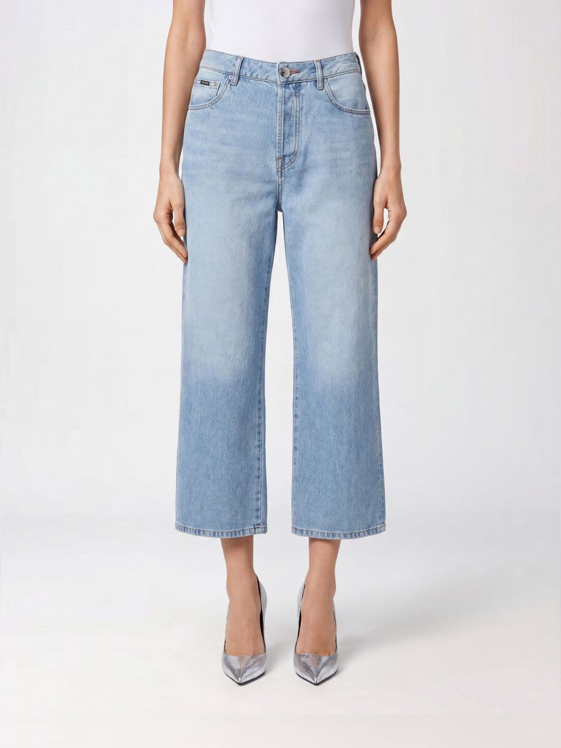 Philipp Plein High-Waisted Wide Leg Cropped Stretch Denim Jeans