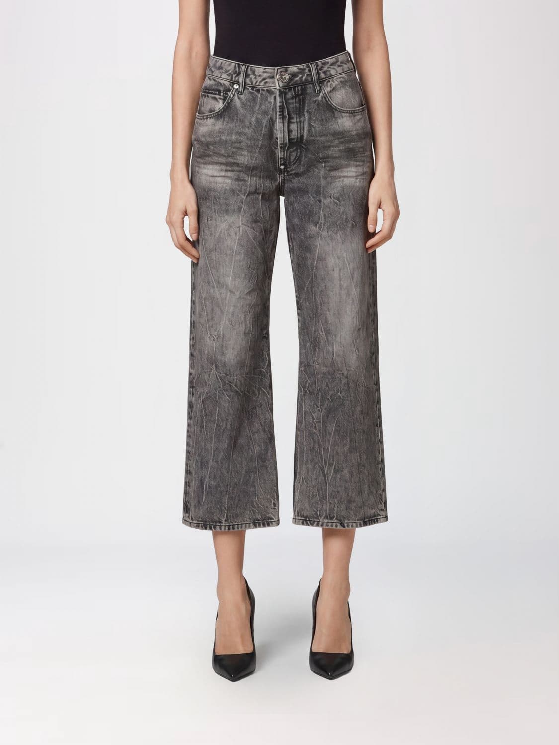 Philipp Plein High-Waisted Wide Leg Cropped Stretch Denim Jeans