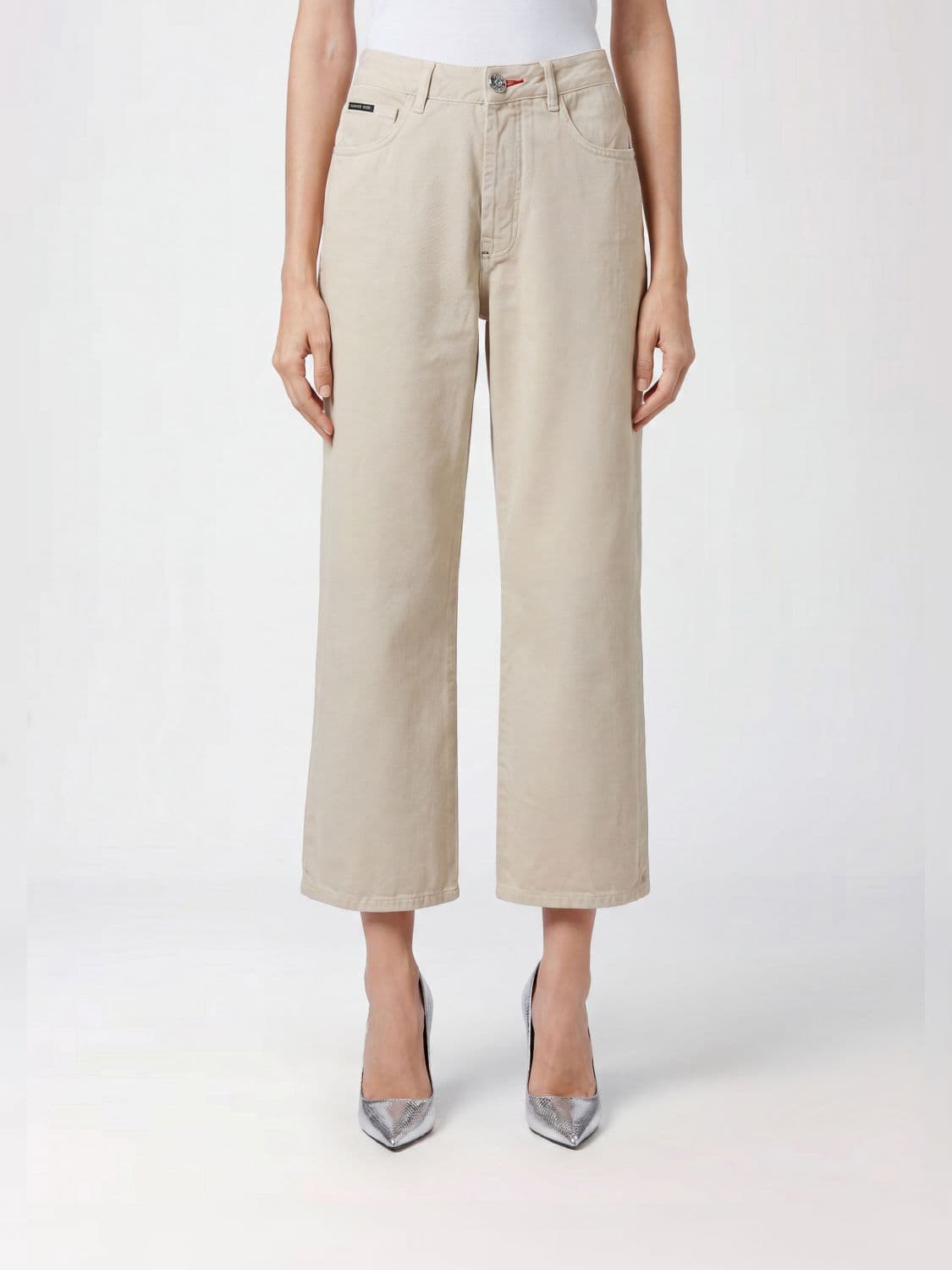 Philipp Plein High-Waisted Wide Leg Cropped Stretch Denim Jeans