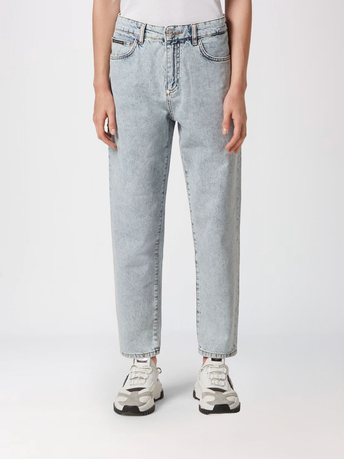 Philipp Plein High-Waisted Straight Leg Denim Jeans with Embroidery and Rhinestones