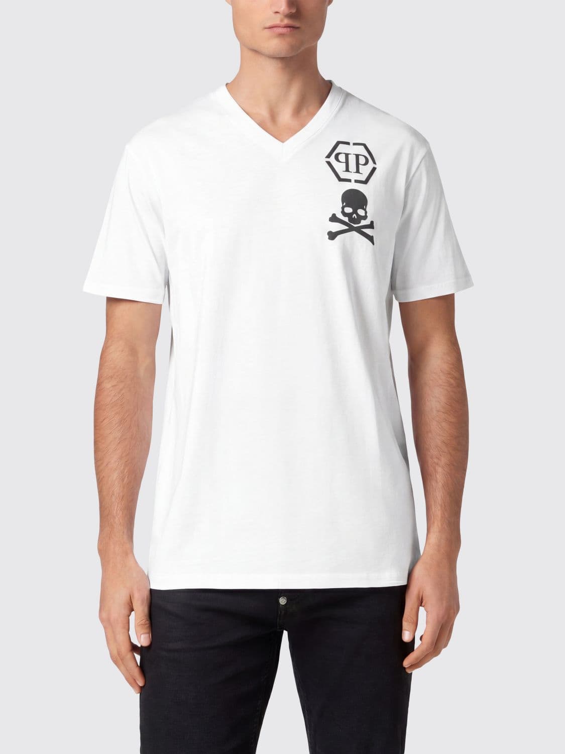Philipp Plein V-Neck Cotton T-Shirt with Monogram Logo