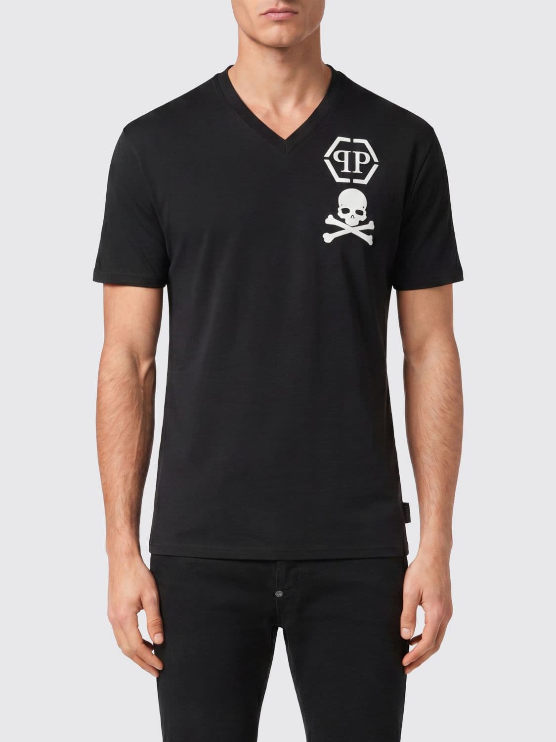 Philipp Plein V-Neck Cotton T-Shirt with Monogram Logo
