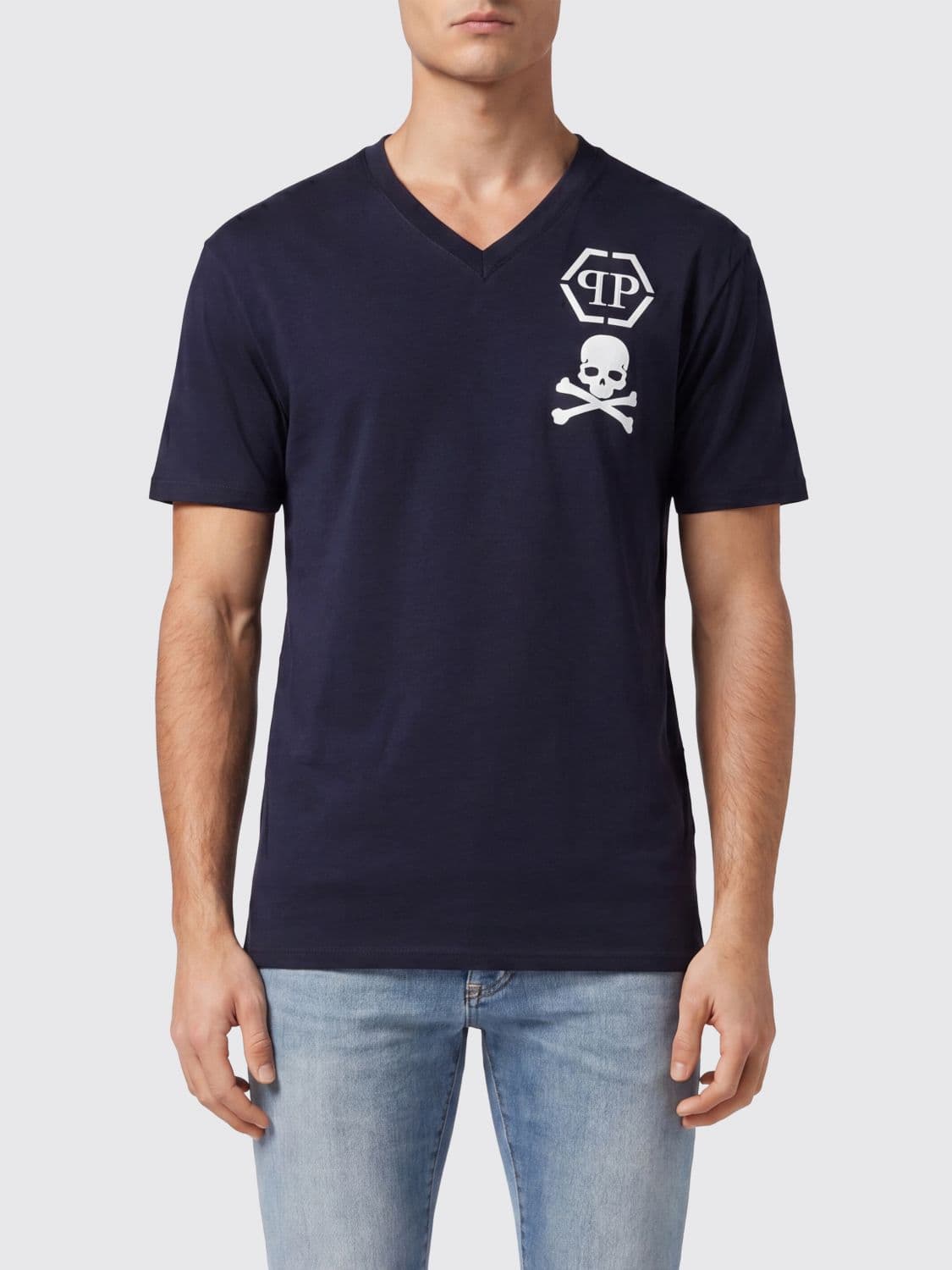 Philipp Plein V-Neck Cotton T-Shirt with Monogram Logo