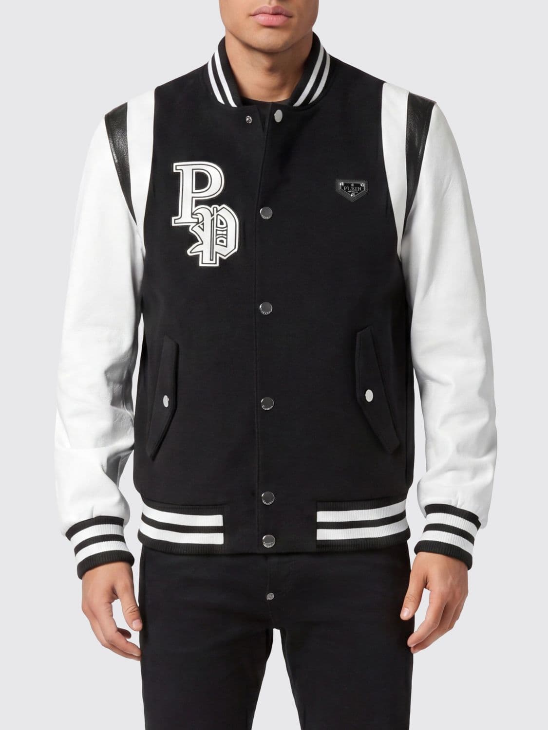 Philipp Plein Wool-Felt Varsity Bomber Jacket with Leather Sleeves