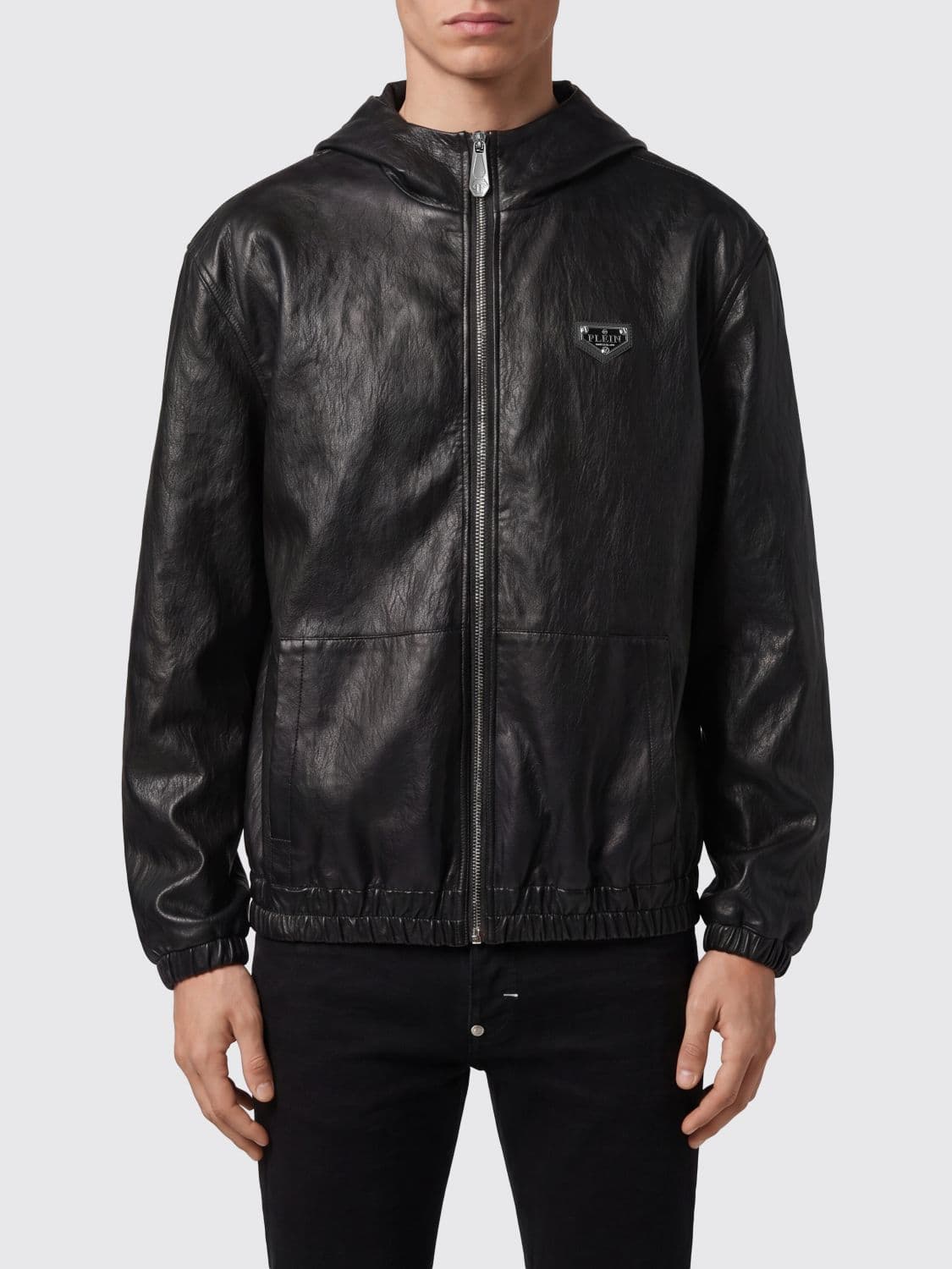 Philipp Plein Smooth Calfskin Leather Hooded Jacket