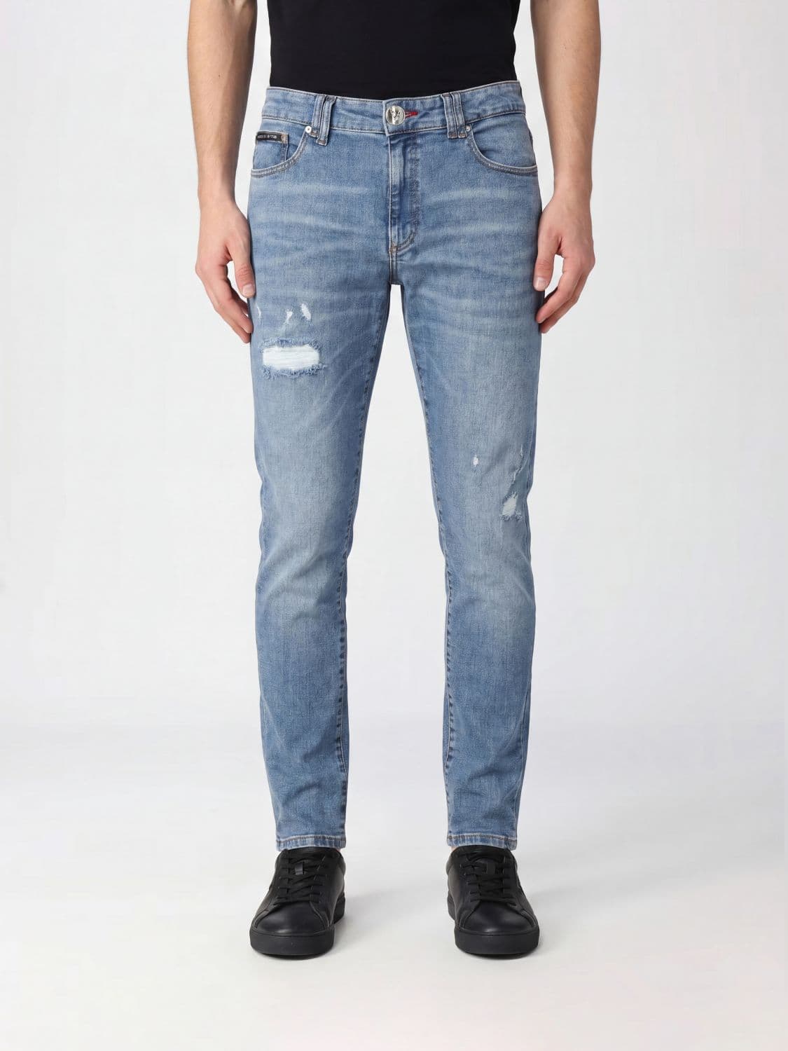 Philipp Plein Mid-Rise Slim Fit Jeans in Distressed Cotton Denim
