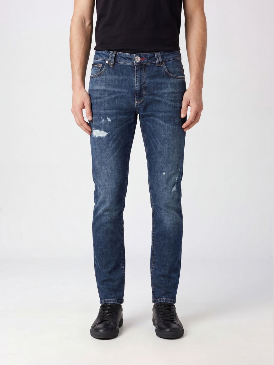 Philipp Plein Mid-Rise Slim Fit Jeans in Distressed Cotton Denim