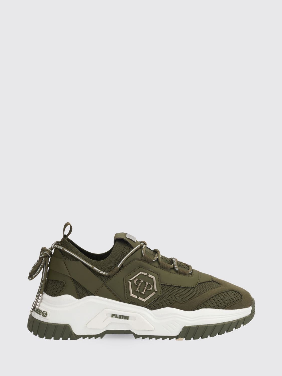 Philipp Plein Low-Top Sneakers in Crochet Knit and Leather with Metallic Hexagon Logo