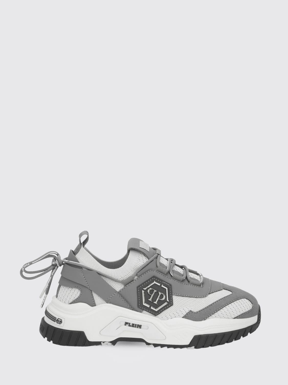 Philipp Plein Low-Top Sneakers in Crochet Knit and Leather with Metallic Hexagon Logo