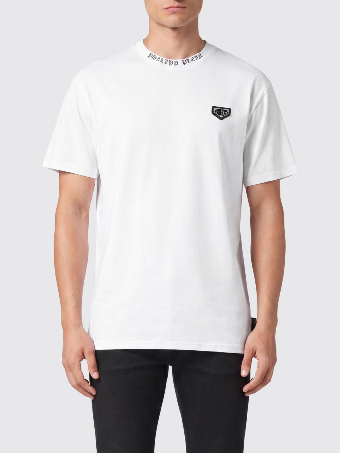 Philipp Plein Cotton T-shirt with Metal Logo Plaque Applied to the Chest
