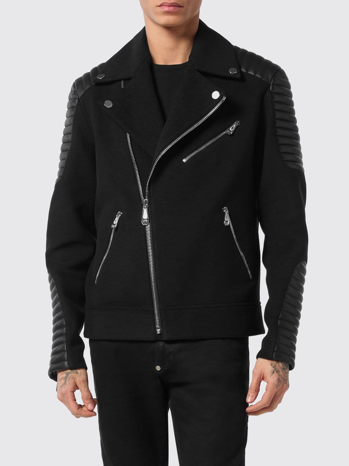 Philipp Plein Leather and Wool Biker Jacket with Lapels and Asymmetrical Zip