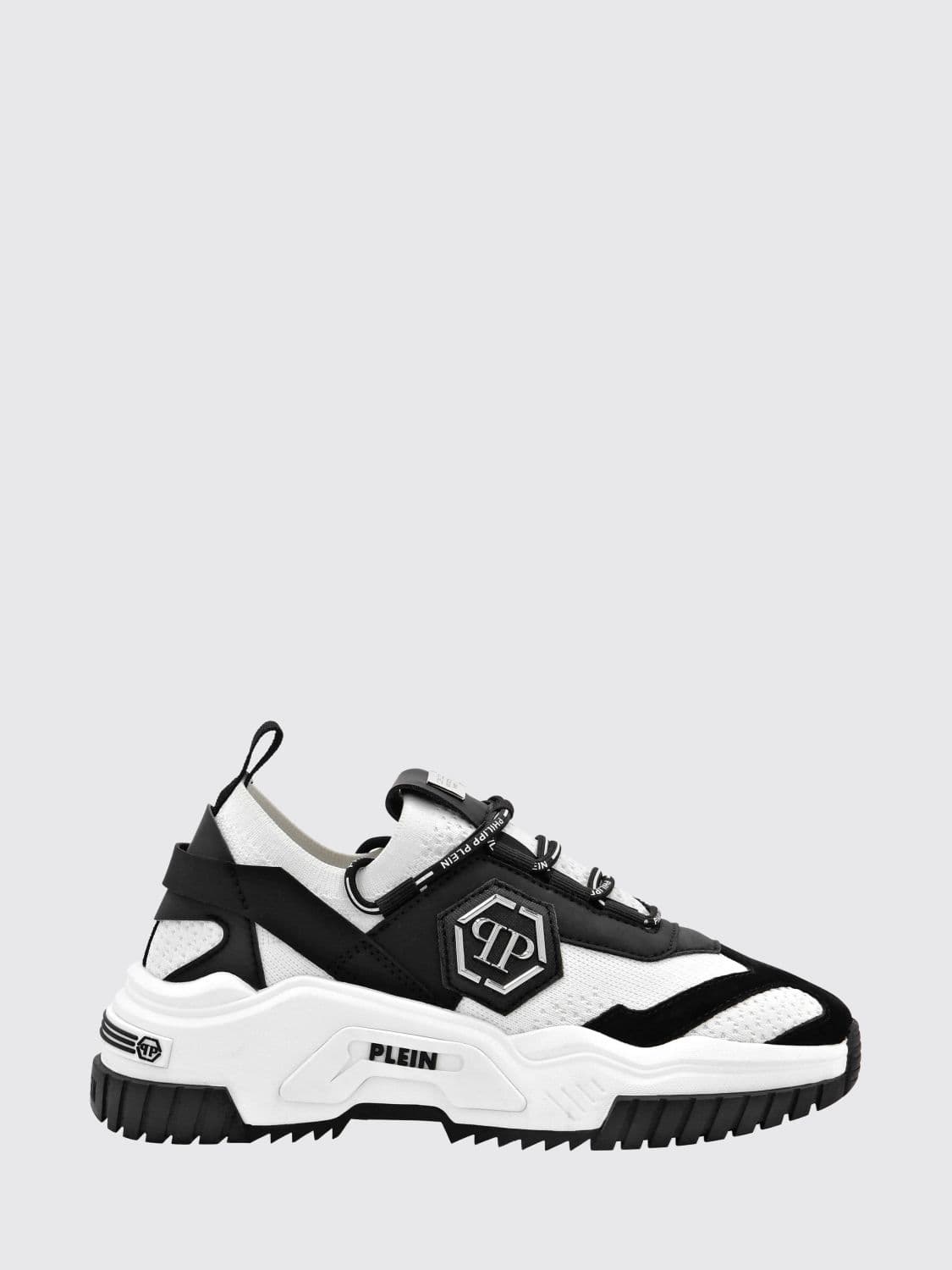 Philipp Plein Low-Top Sneakers in Knit with Bicolour Monogram and Serrated Sole