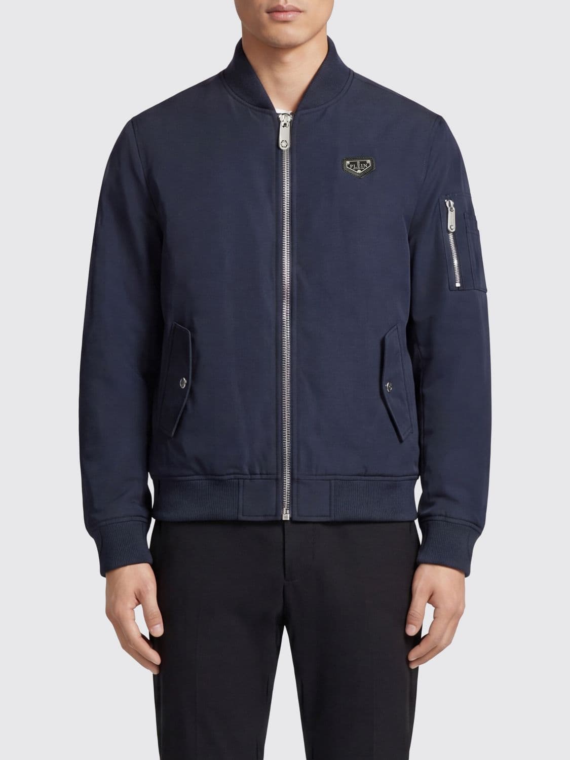 Philipp Plein Technical Fabric Bomber Jacket with Contrasting Logo and Zip Closure