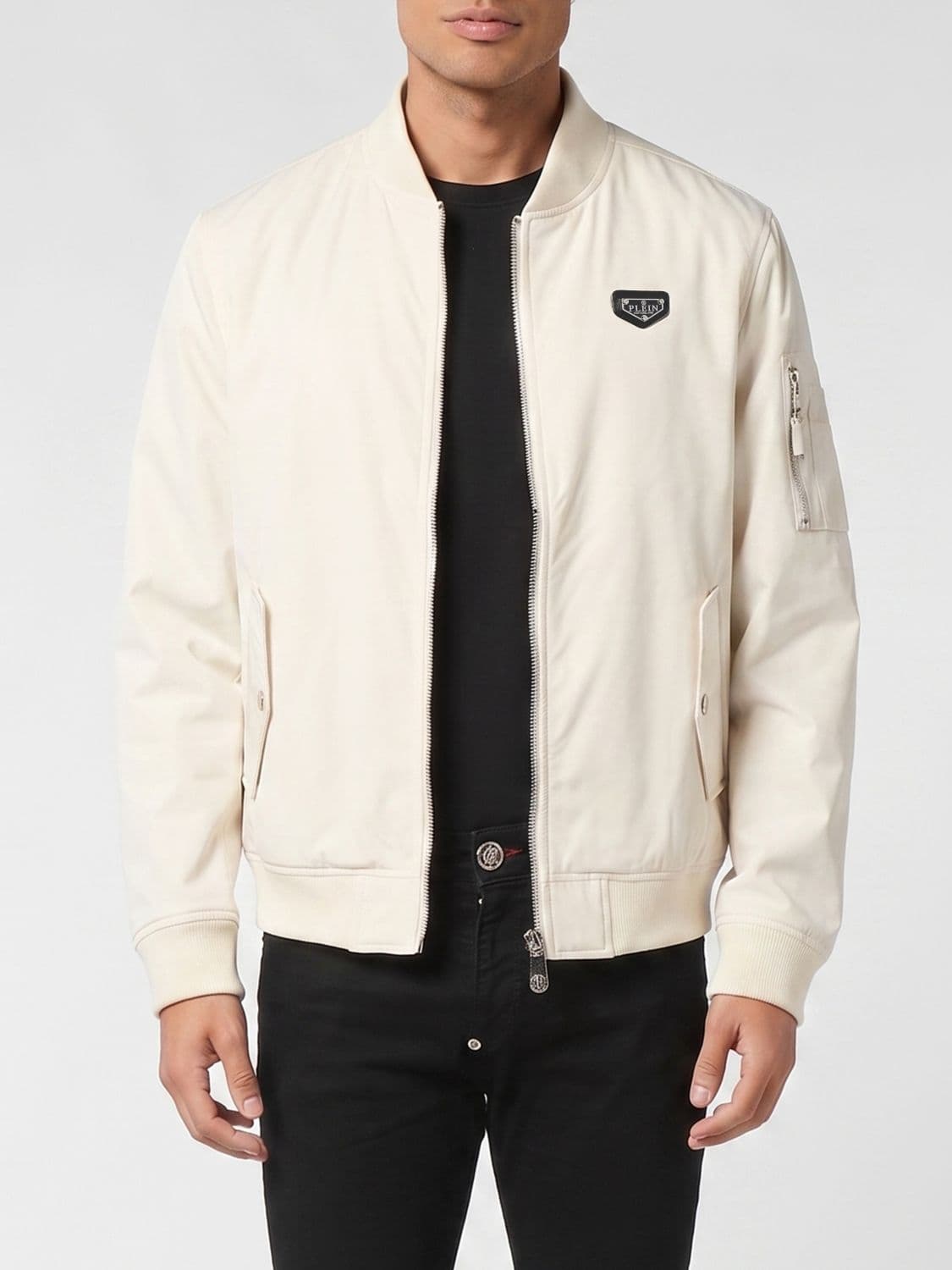 Philipp Plein Technical Fabric Bomber Jacket with Contrasting Logo and Zip Closure