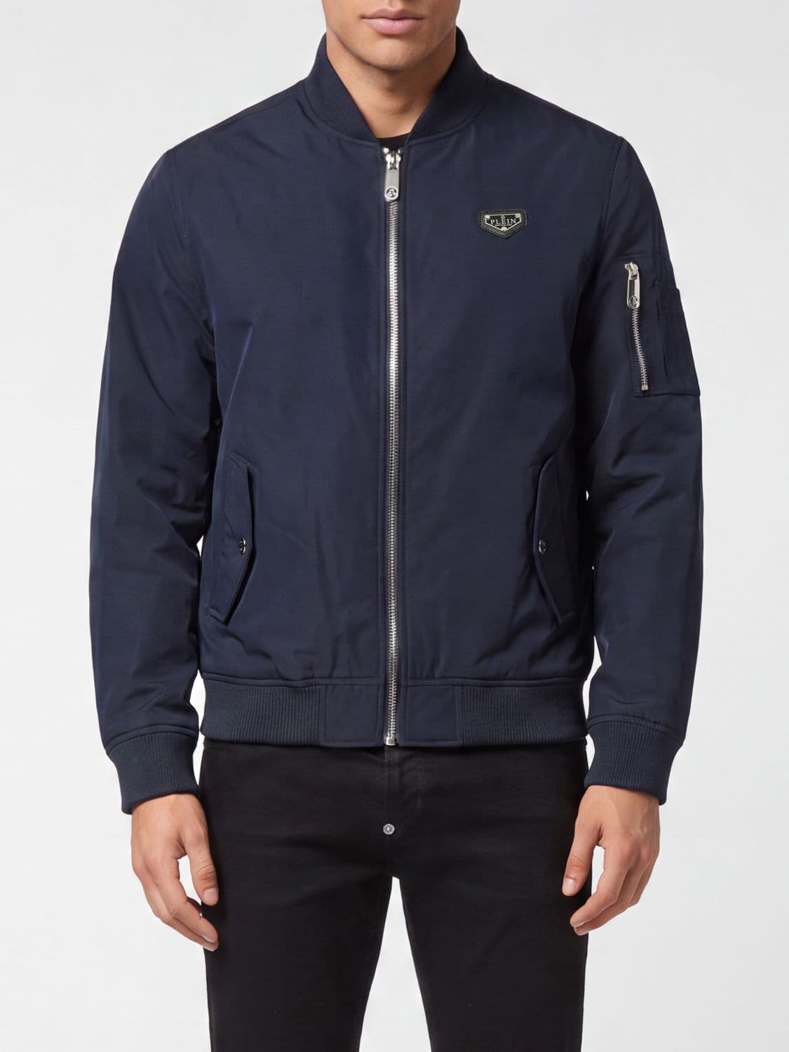 Philipp Plein Technical Fabric Bomber Jacket with Contrasting Logo and Zip Closure