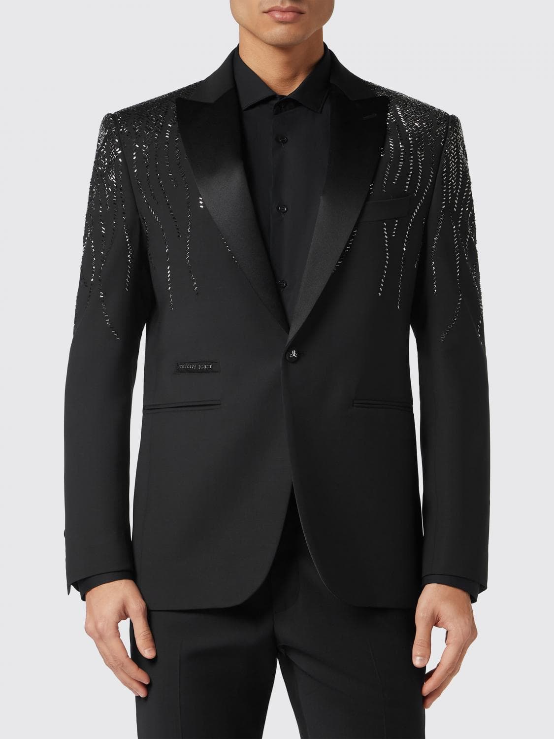 Philipp Plein Single-Breasted Crêpe Blazer with Peak Lapels and Rhinestone Embroidery
