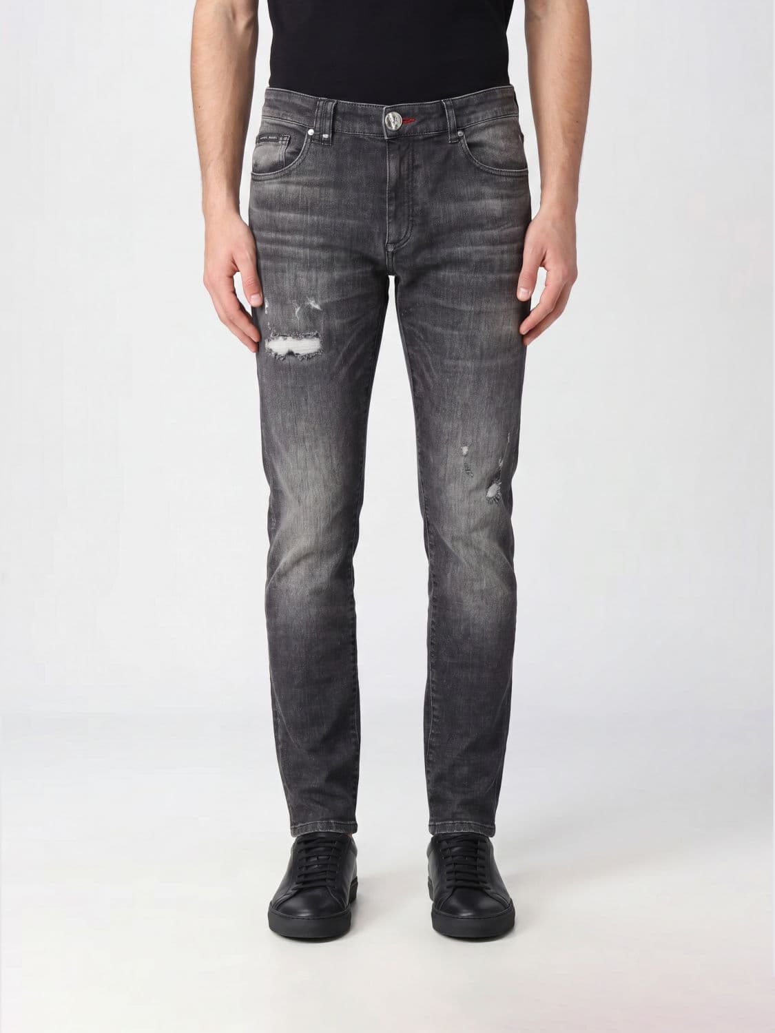 Philipp Plein Distressed Slim Fit Skinny Jeans in Cotton Denim with Metal Logo